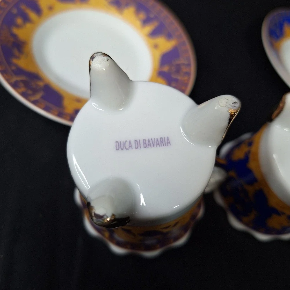 1940s Duca Di Bavaria Espresso Cup Saucer Set 4 Colors Greek Mythology Gold Trim